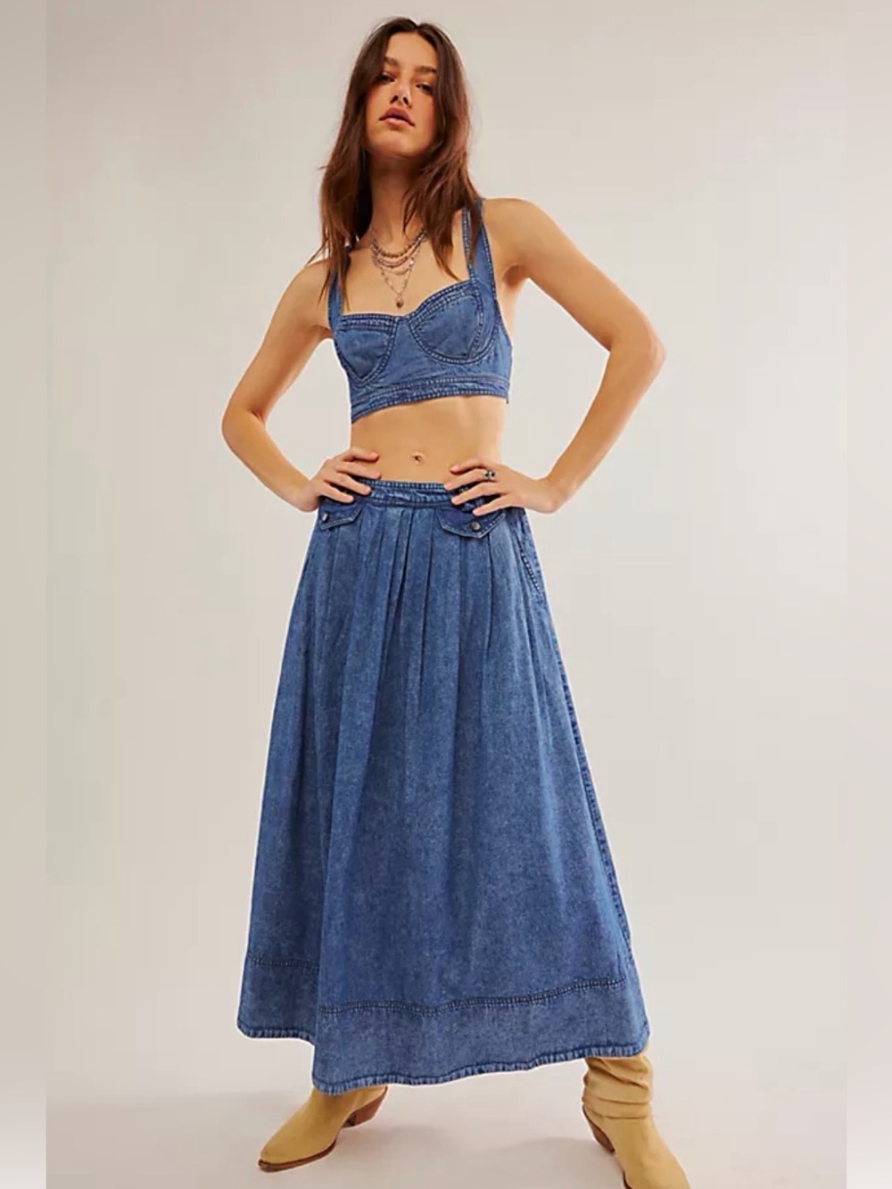FREE PEOPLE Maddox Denim Bra Top & Maxi Skirt Set In Blue 
Size Small